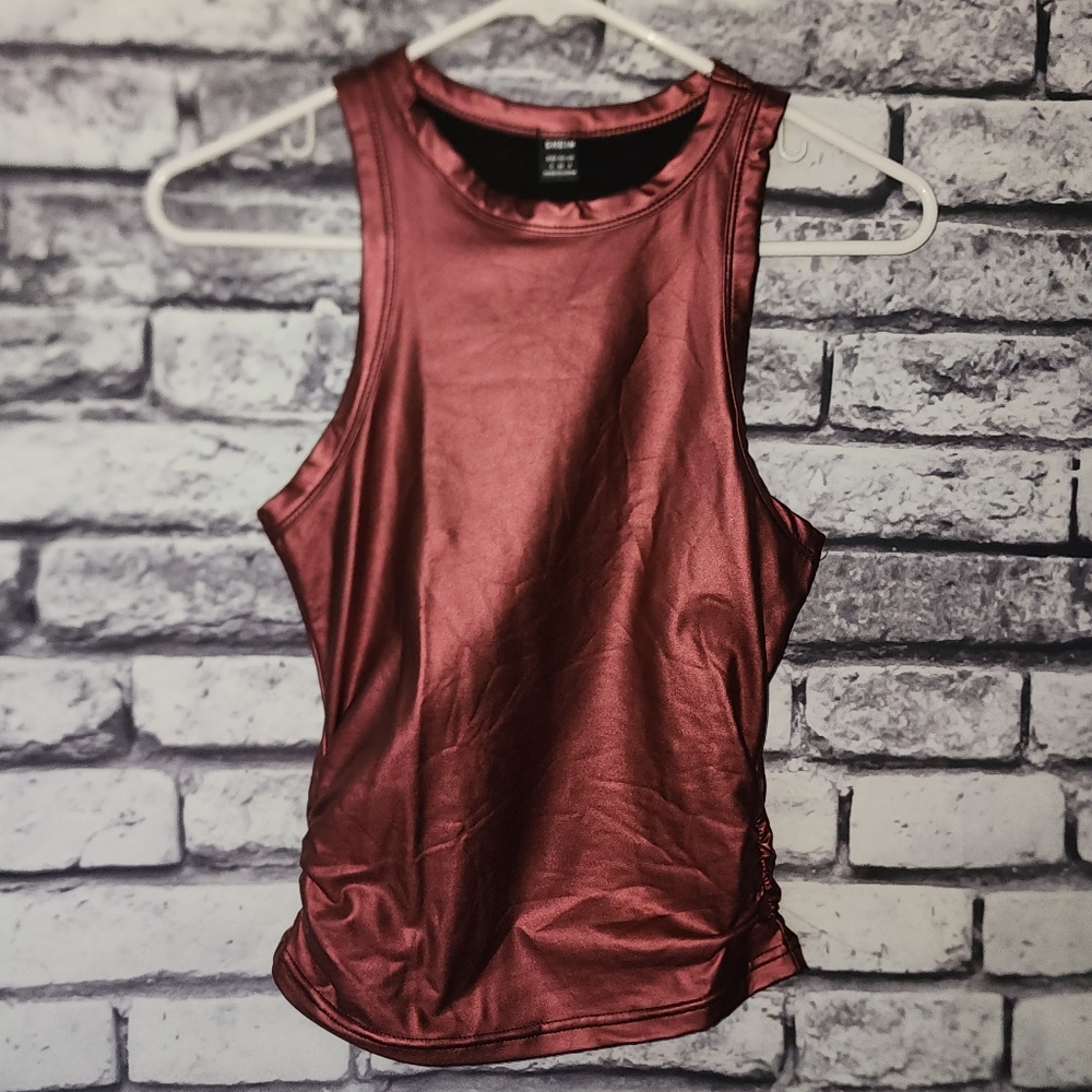 Burgundy Maroon Wet Look Shiny Metallic Tank Top - S